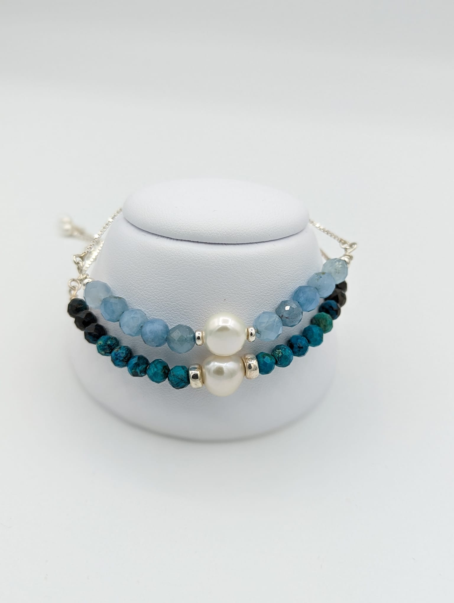 Tranquil Beauty: Sterling Silver Chrysocolla & Pearl Adjustable Bracelet