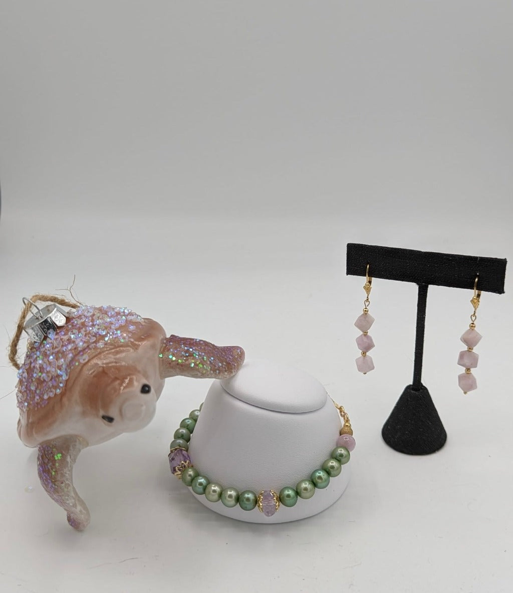 amethyst and pearl bracelet pictured with kunzite earrings