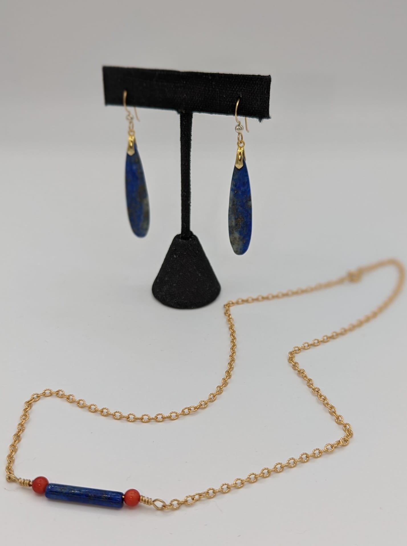 lapis and red coral necklace styled