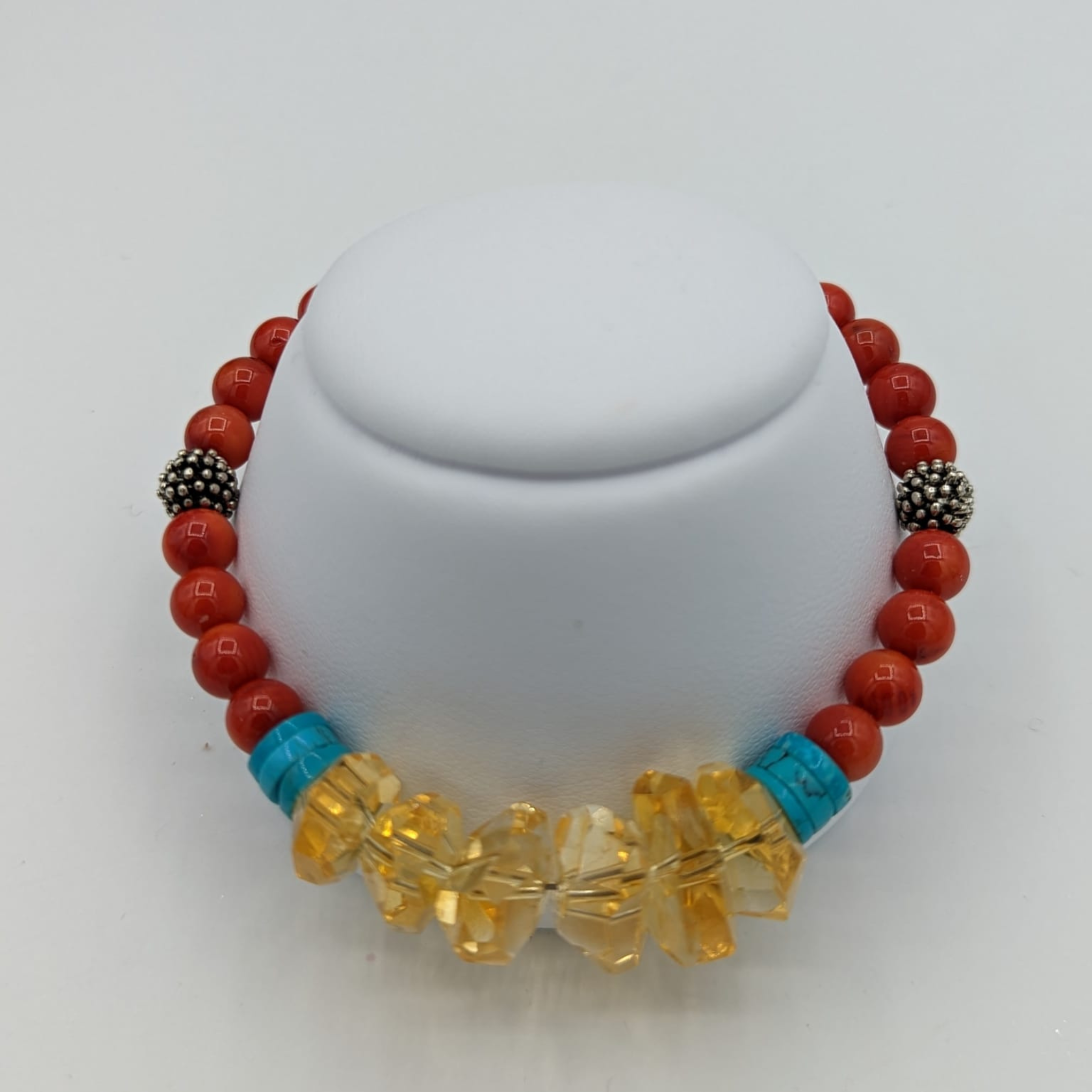 Fiery Elegance: Sterling Silver Red Coral, Citrine, and Turquoise Bracelet