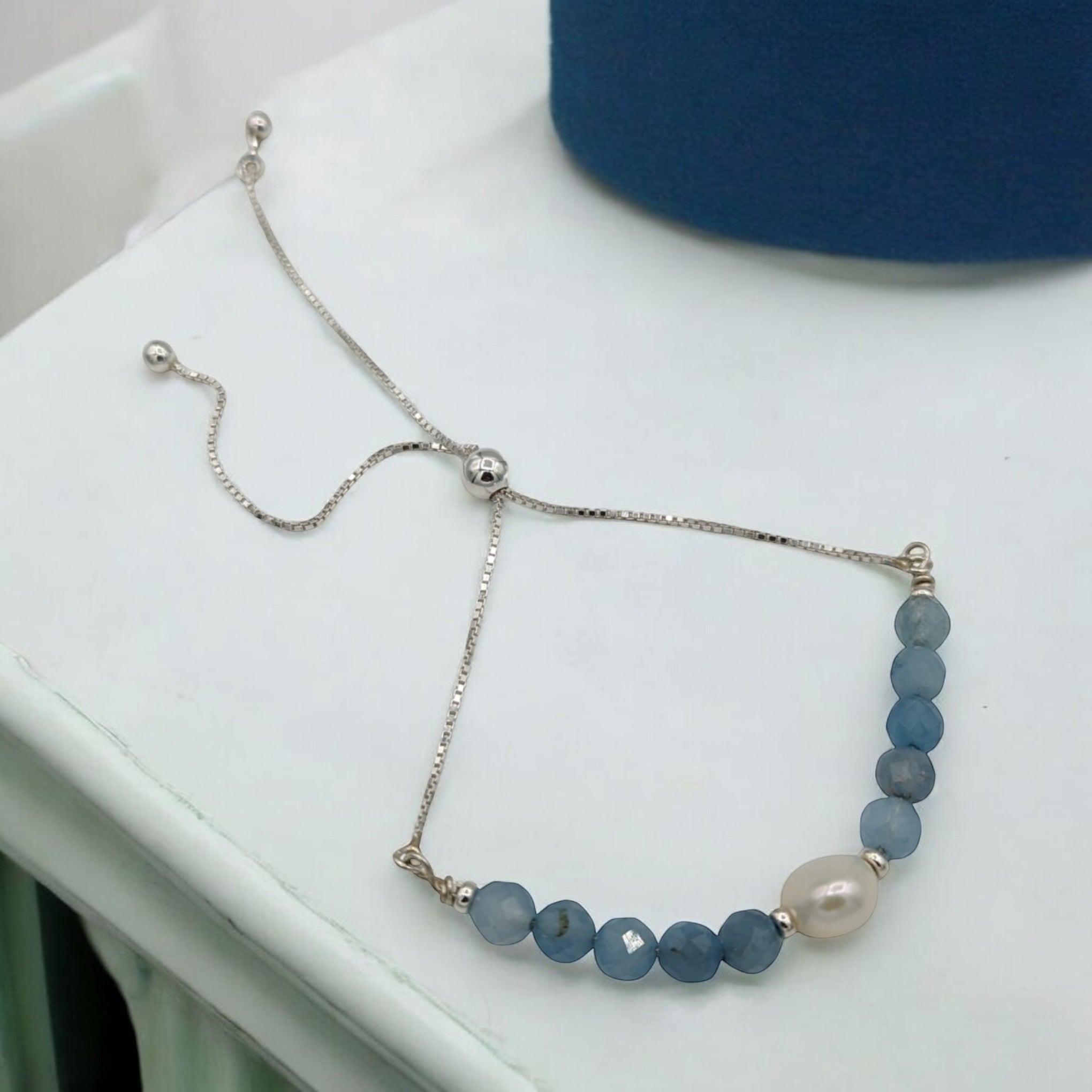 Ocean Treasure: Sterling Silver Aquamarine Coin & Pearl Adjustable Bracelet