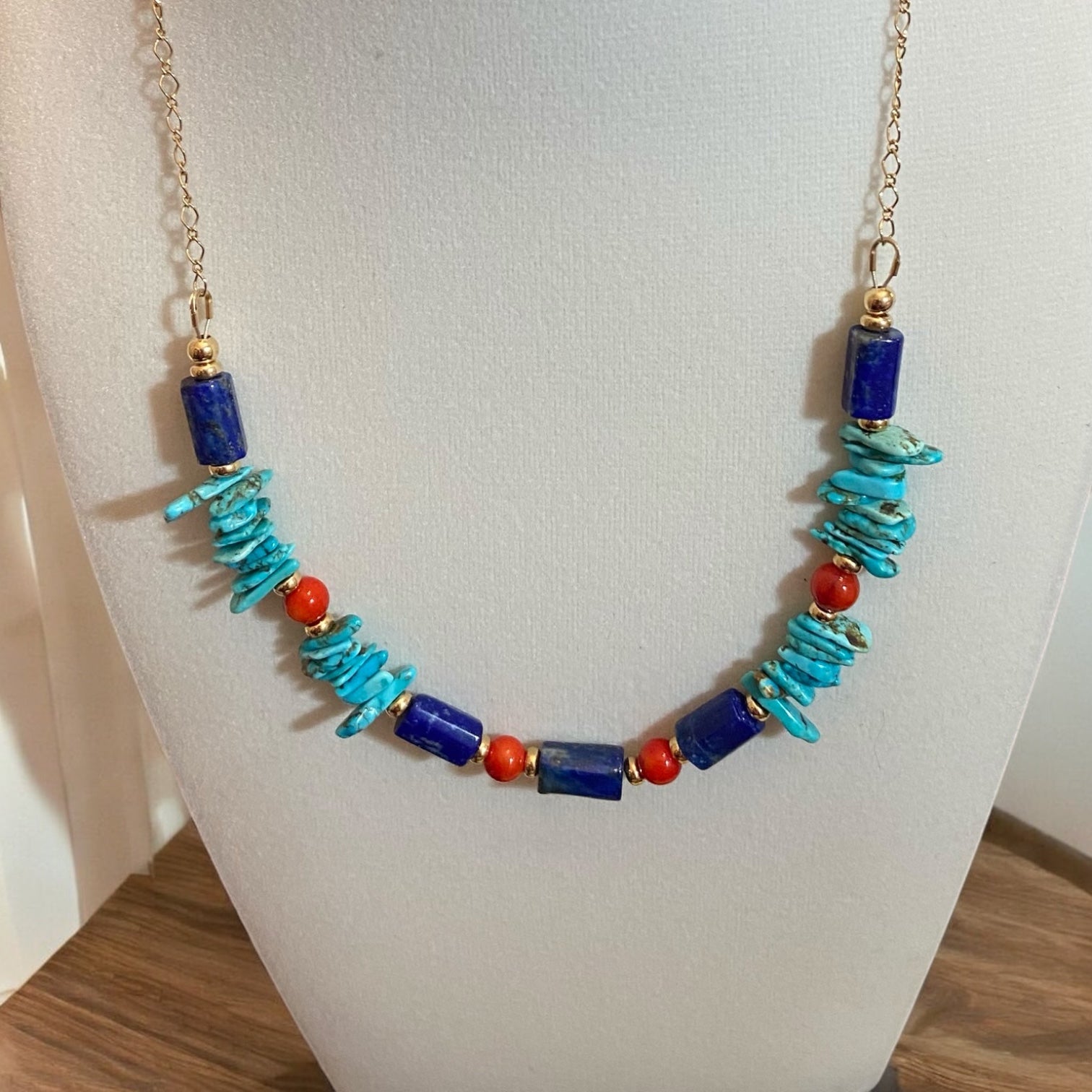 Collector’s Treasure: Handcrafted 14K Solid Gold Turquoise, Lapis & Red Coral Gemstone Necklace
