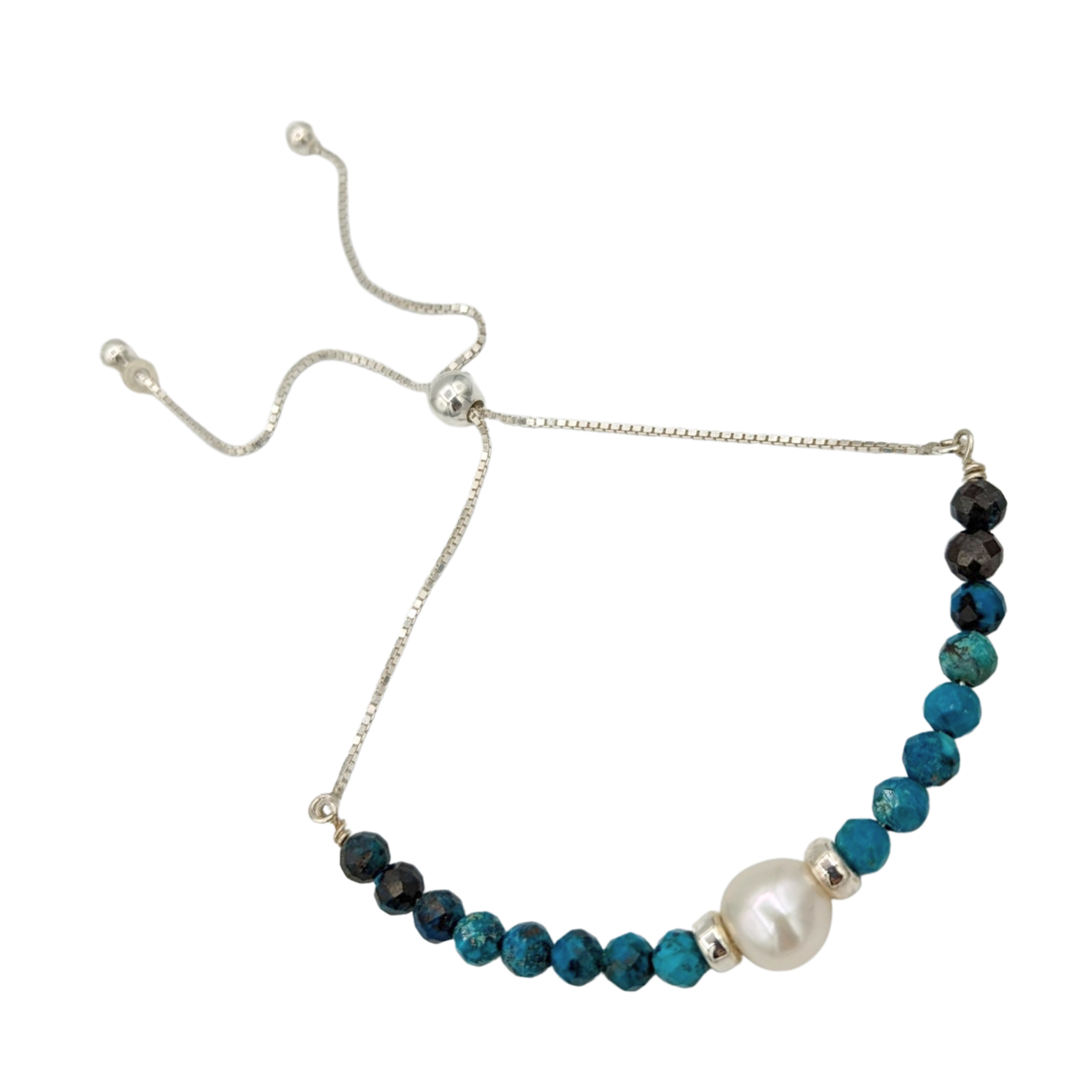 Tranquil Beauty: Sterling Silver Chrysocolla & Pearl Adjustable Bracelet