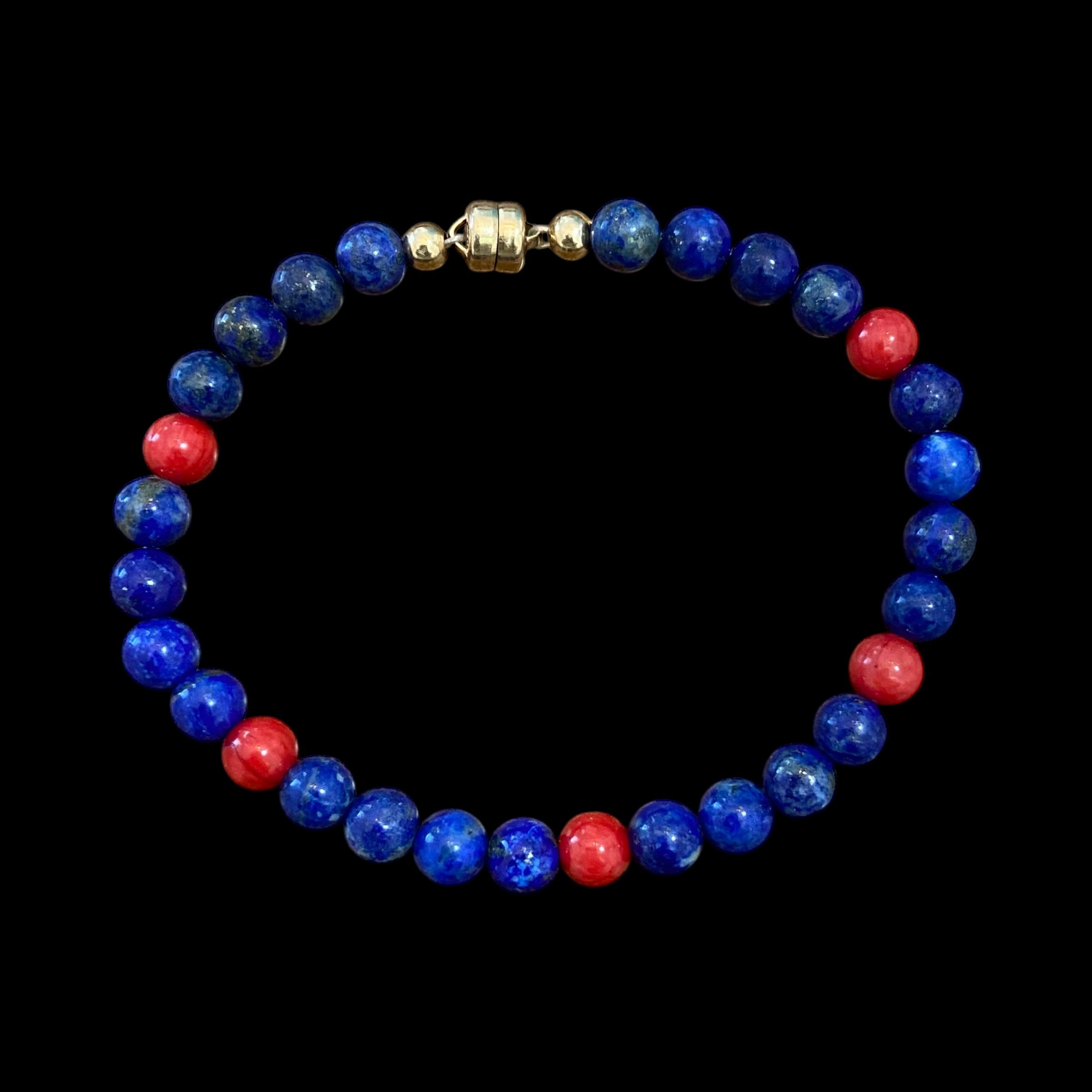 Lapis Lazuli & Red Coral Line Gemstone Bracelet with Magnetic 14K Gold-Filled Clasp