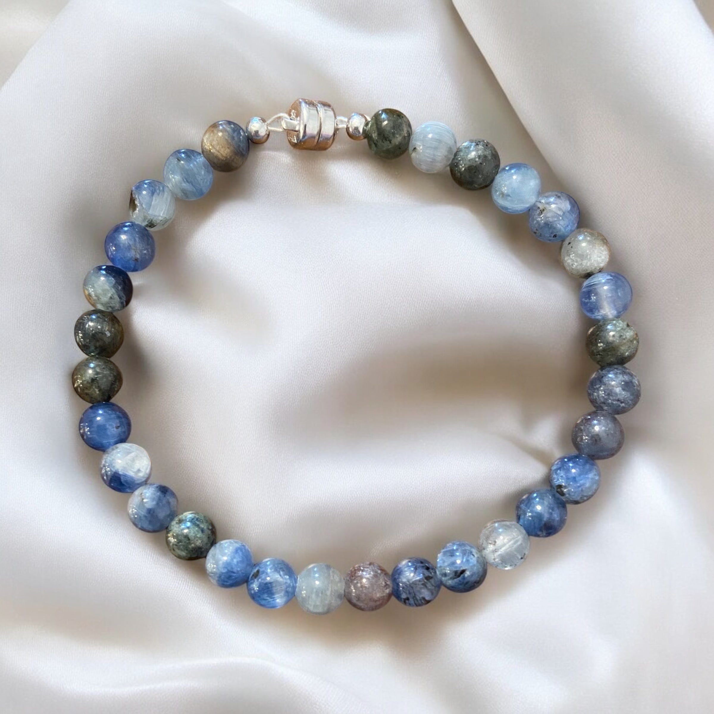 Tranquil Elegance: Kyanite Gemstone Line Bracelet with Magnetic Sterling Silver