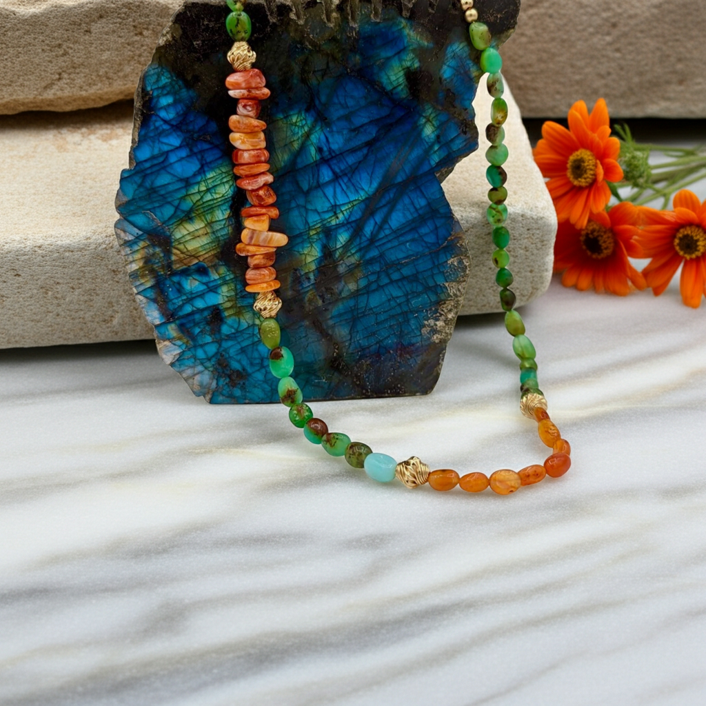 Sunset Glow: Handcrafted 14K Gold-Filled Chrysoprase, Carnelian & Spiny Oyster Necklace