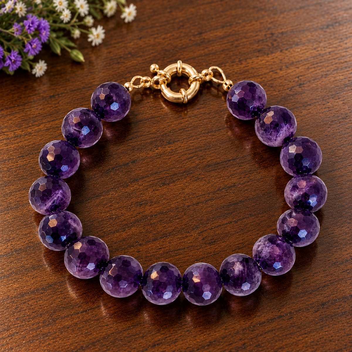 14K Gold-filled Men's Amethyst Faceted Bracelet, 12mm