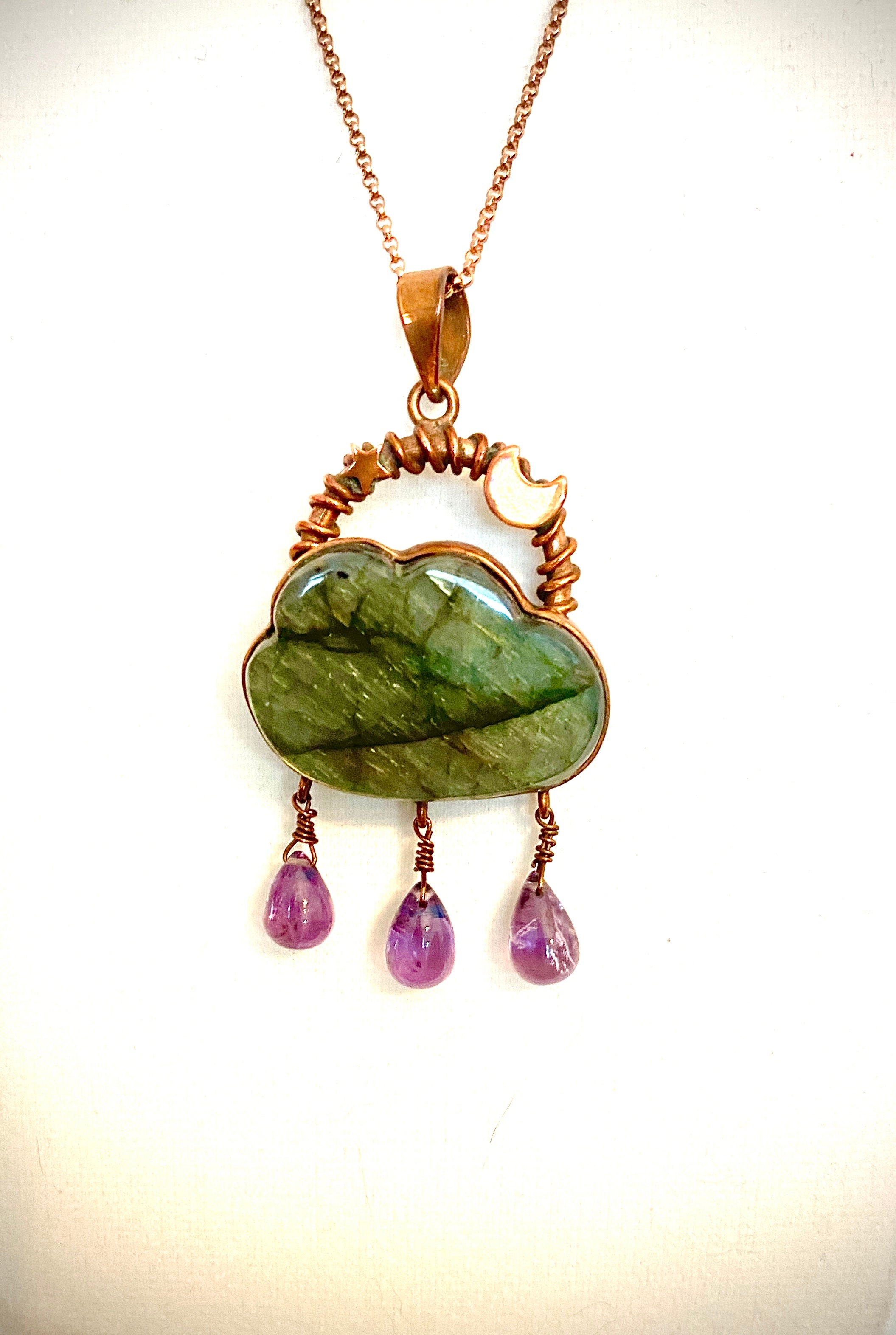 14K Gold-filled / Copper Cloud & Moon Pendant Necklace with Laboradite and Amethyst