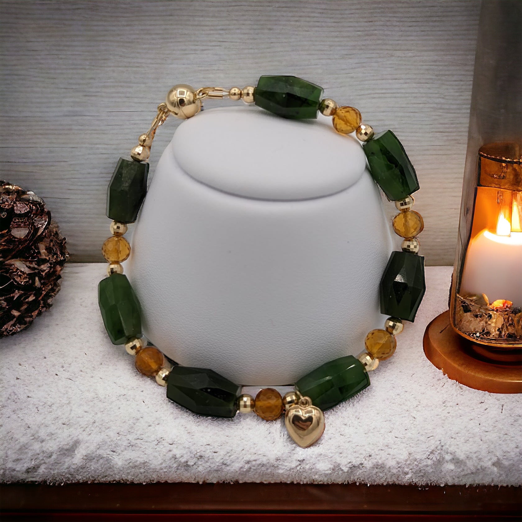 Tao of Gold: Handcrafted 14K Solid Gold Jadeite & Citrine Gemstone Bracelet
