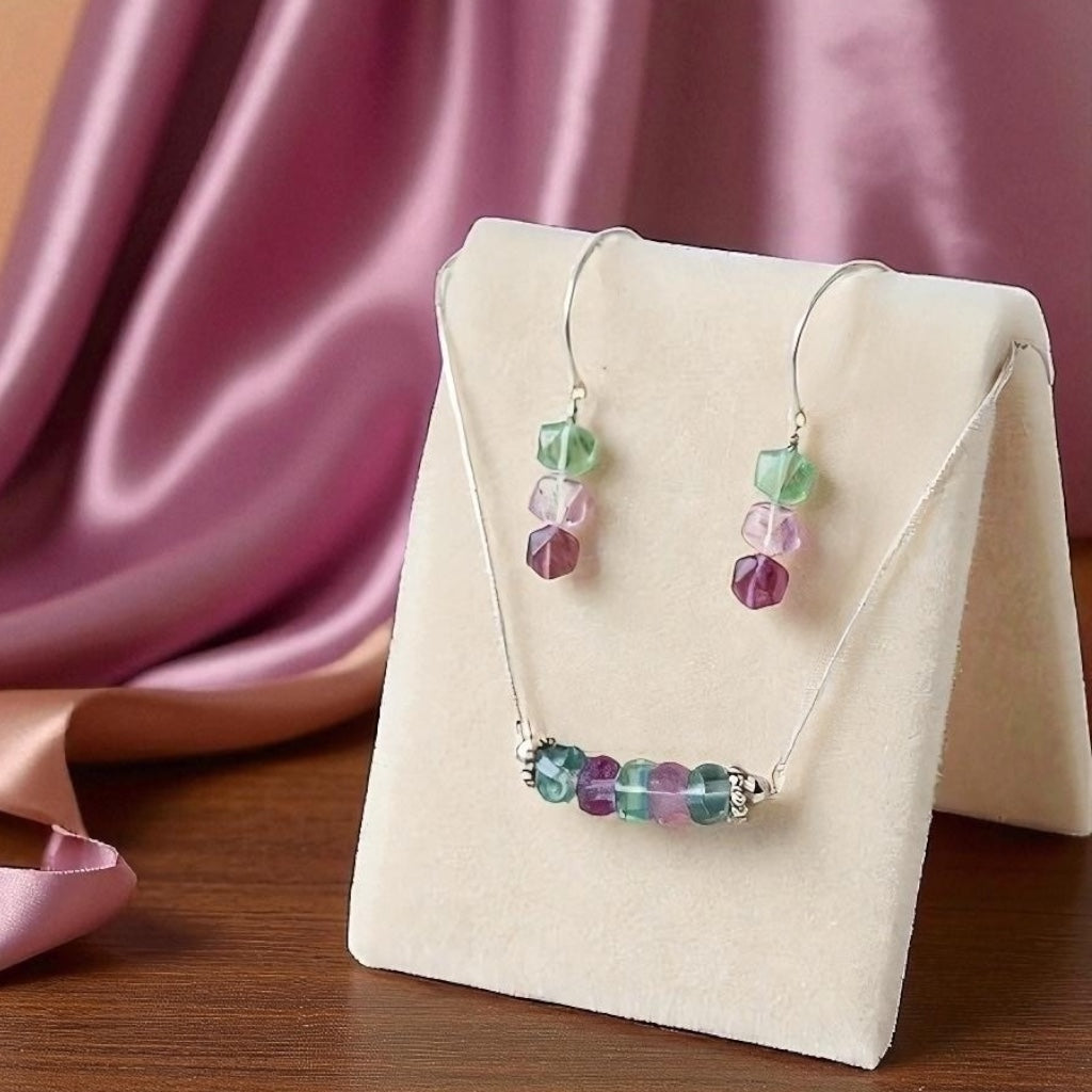 Rainbow Fluorite Fiesta Bar Necklace &amp; Earring Set, 16" or 18"