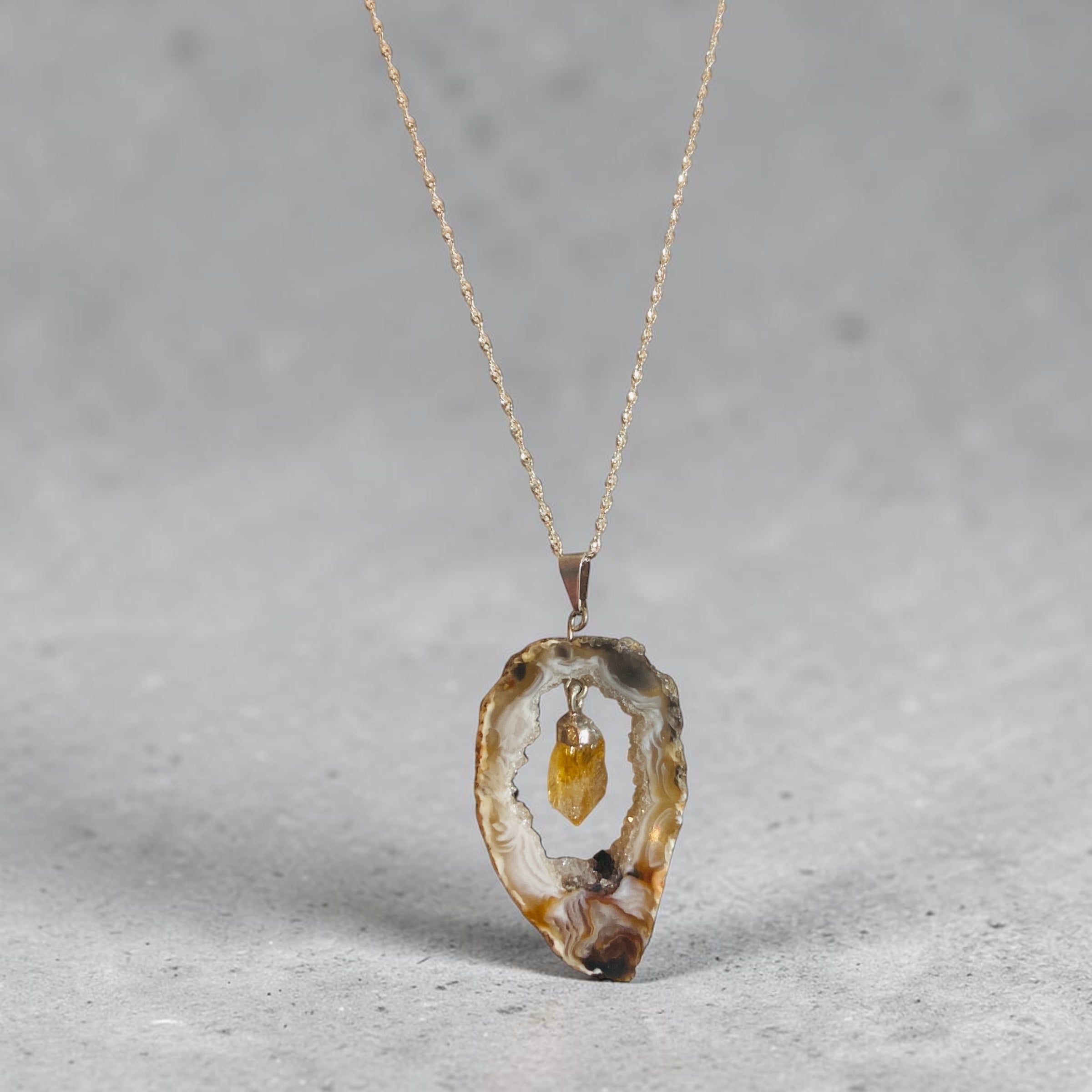 Boho-Chic Agate Slice & Citrine Pendant Necklace