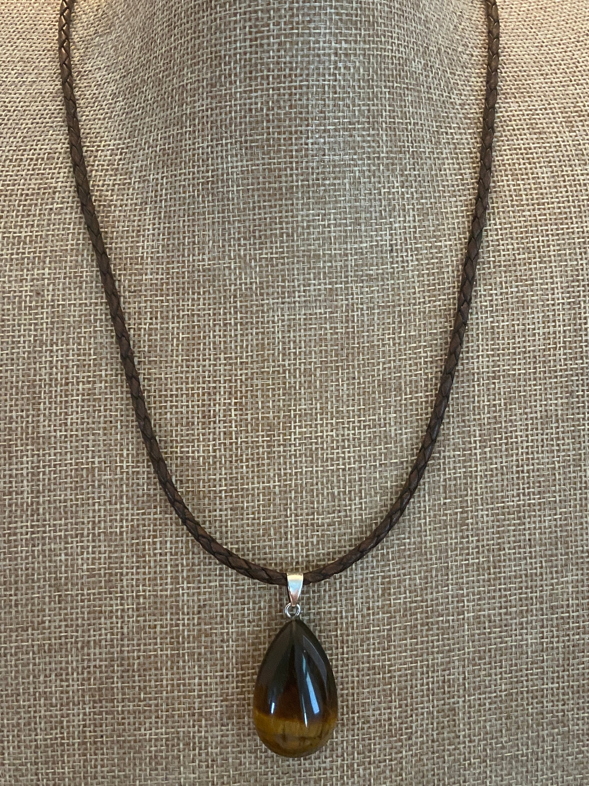 Tiger’s Eye Men’s Pendant Necklace – Braided Leather, 20"