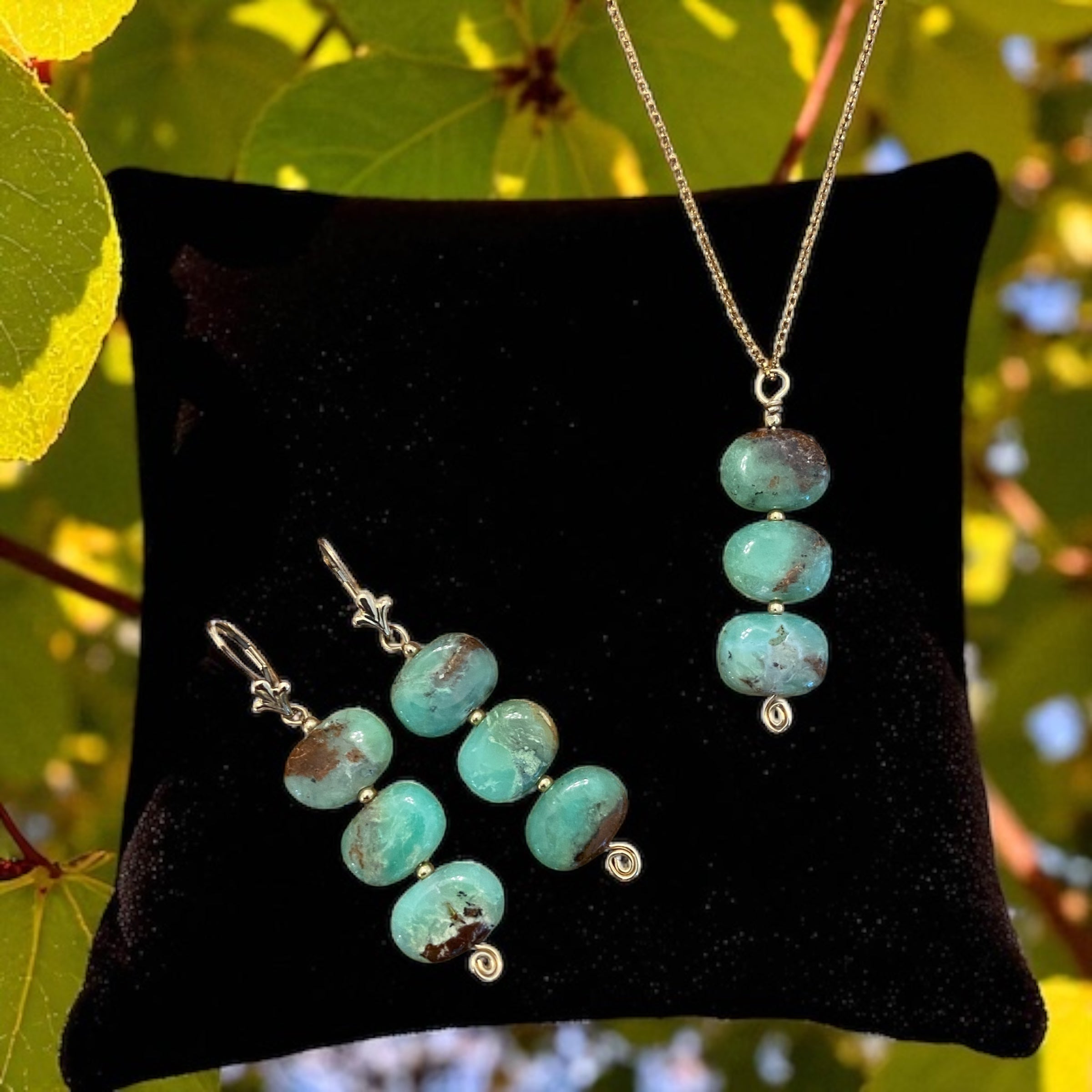 chyrosprase earring and necklace, 14k gold-filled