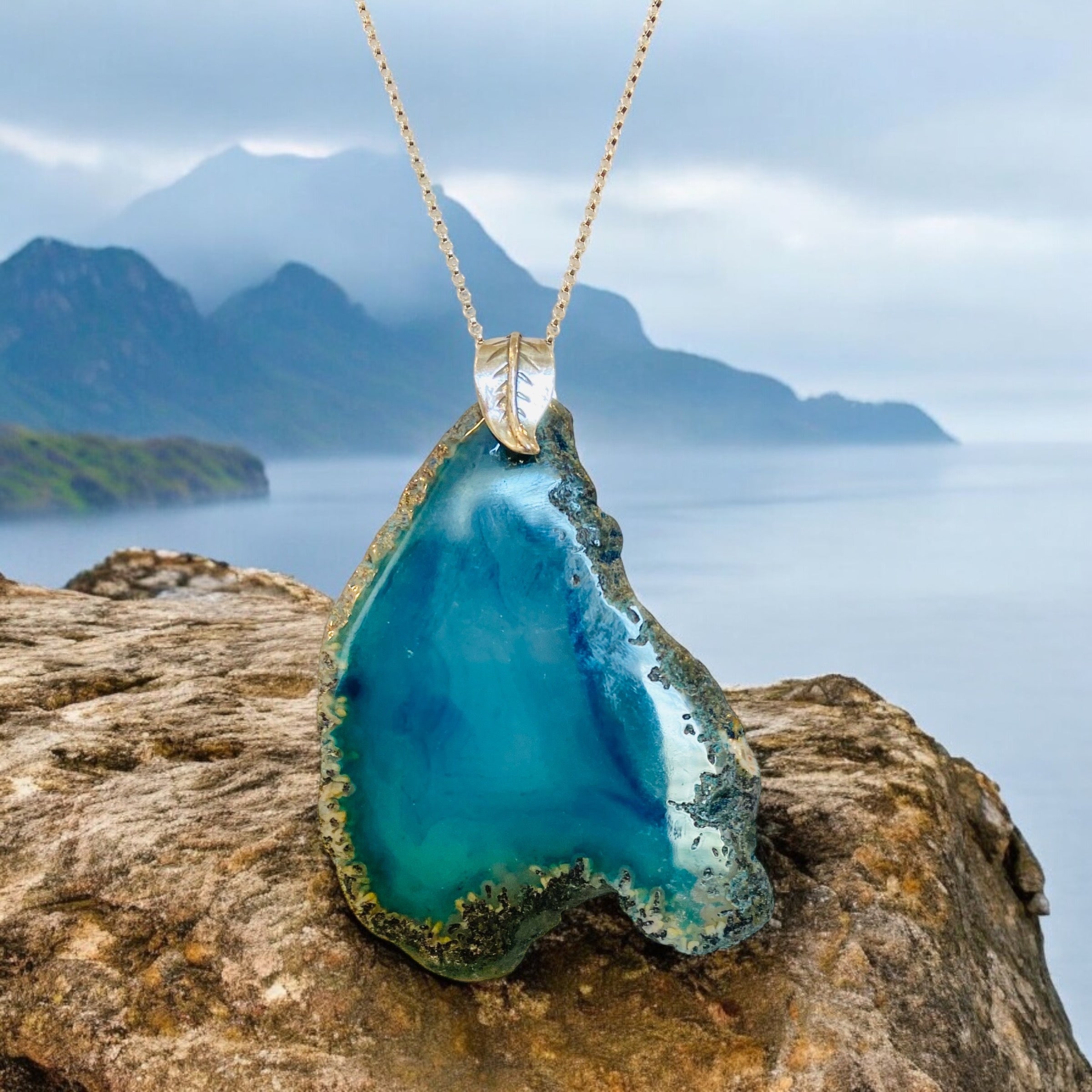 dyed blue agate slice pendant, large