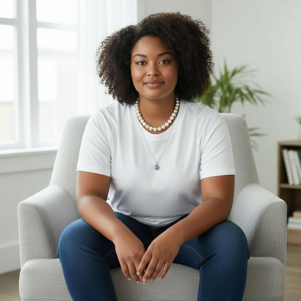 Model sitting on a chair in a bright room with a window and plant in the background