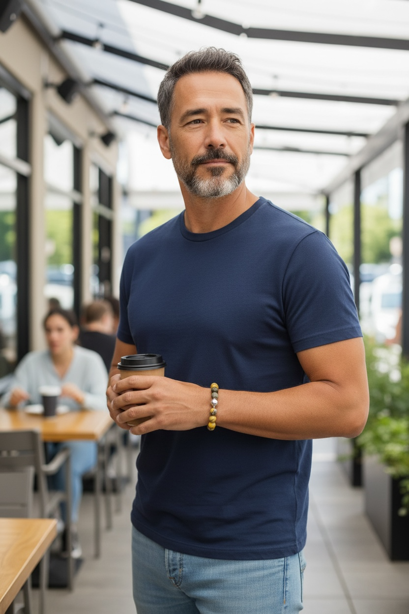Model wearing a bumblebee jasper bracelet.