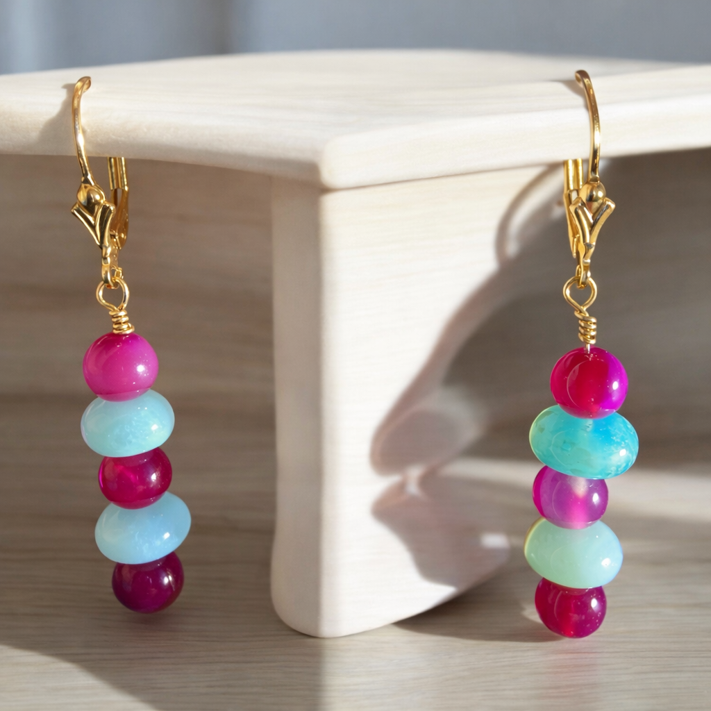 Opal and Agate Gemstone Earrings, Gold-filled Fleur-de-Lis Lever-Back Earwires