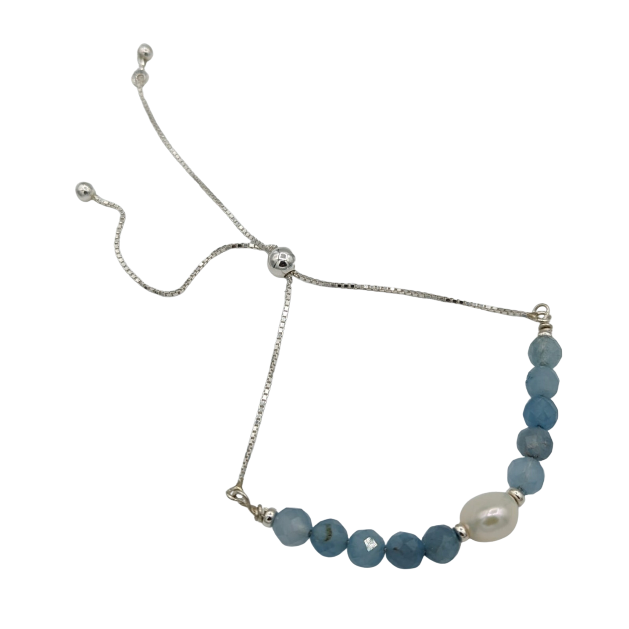 Sterling Silver Aquamarine and Pearl Adjustable Bracelet