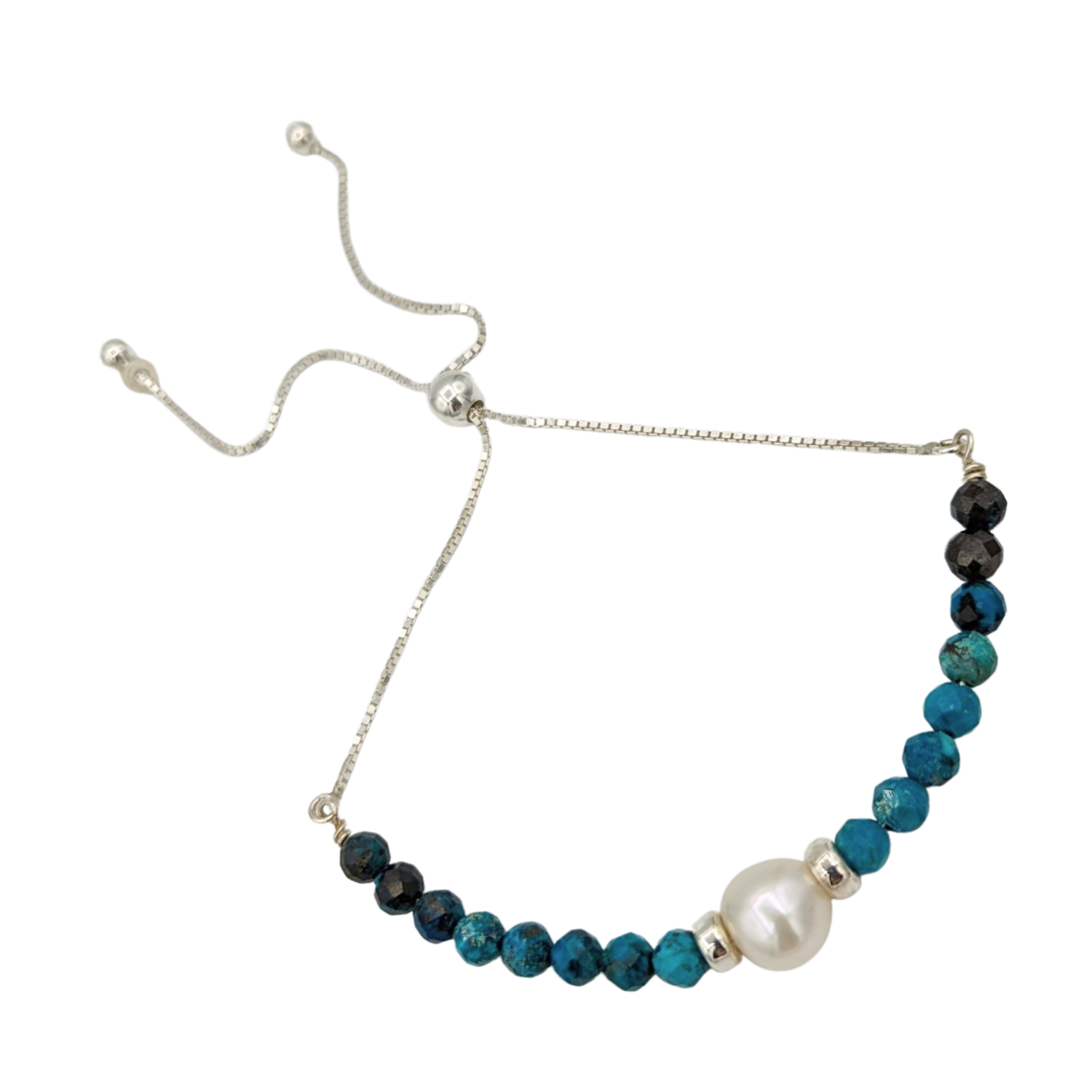 Sterling Silver Chrysocolla and Pearl Adjustable Bracelet