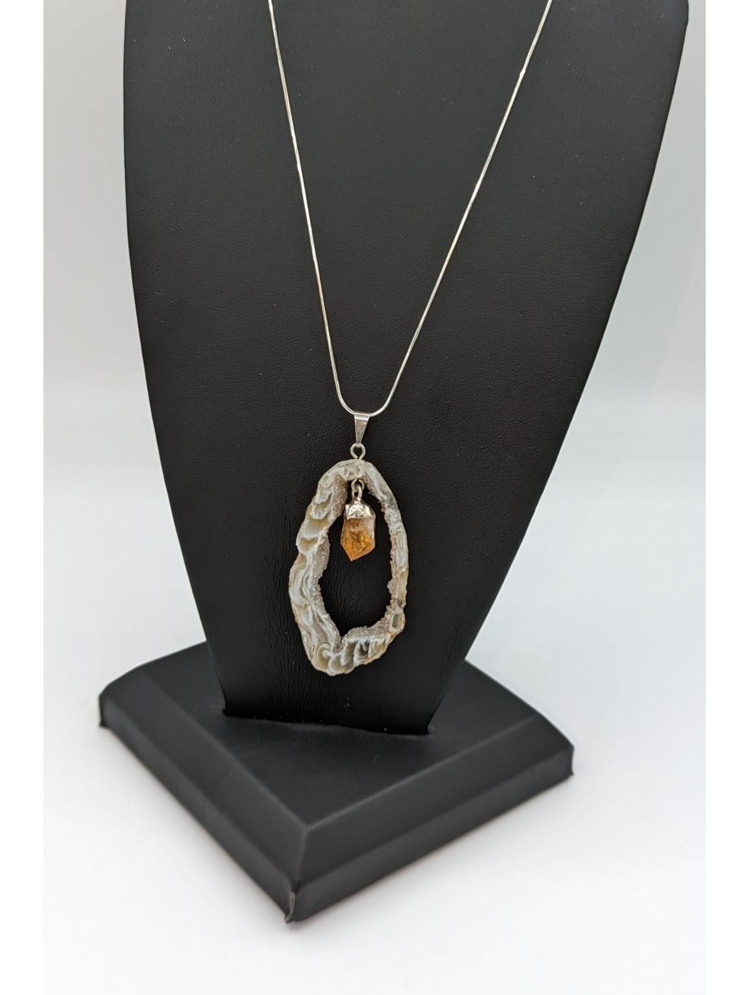 Agate Slice with Citrine Drop with Sterling Silver Chain