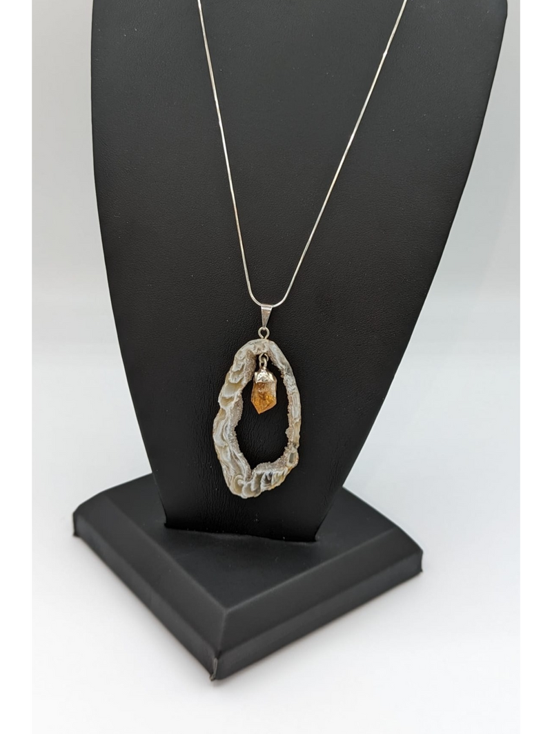 Agate Slice with Citrine Drop with Sterling Silver Chain