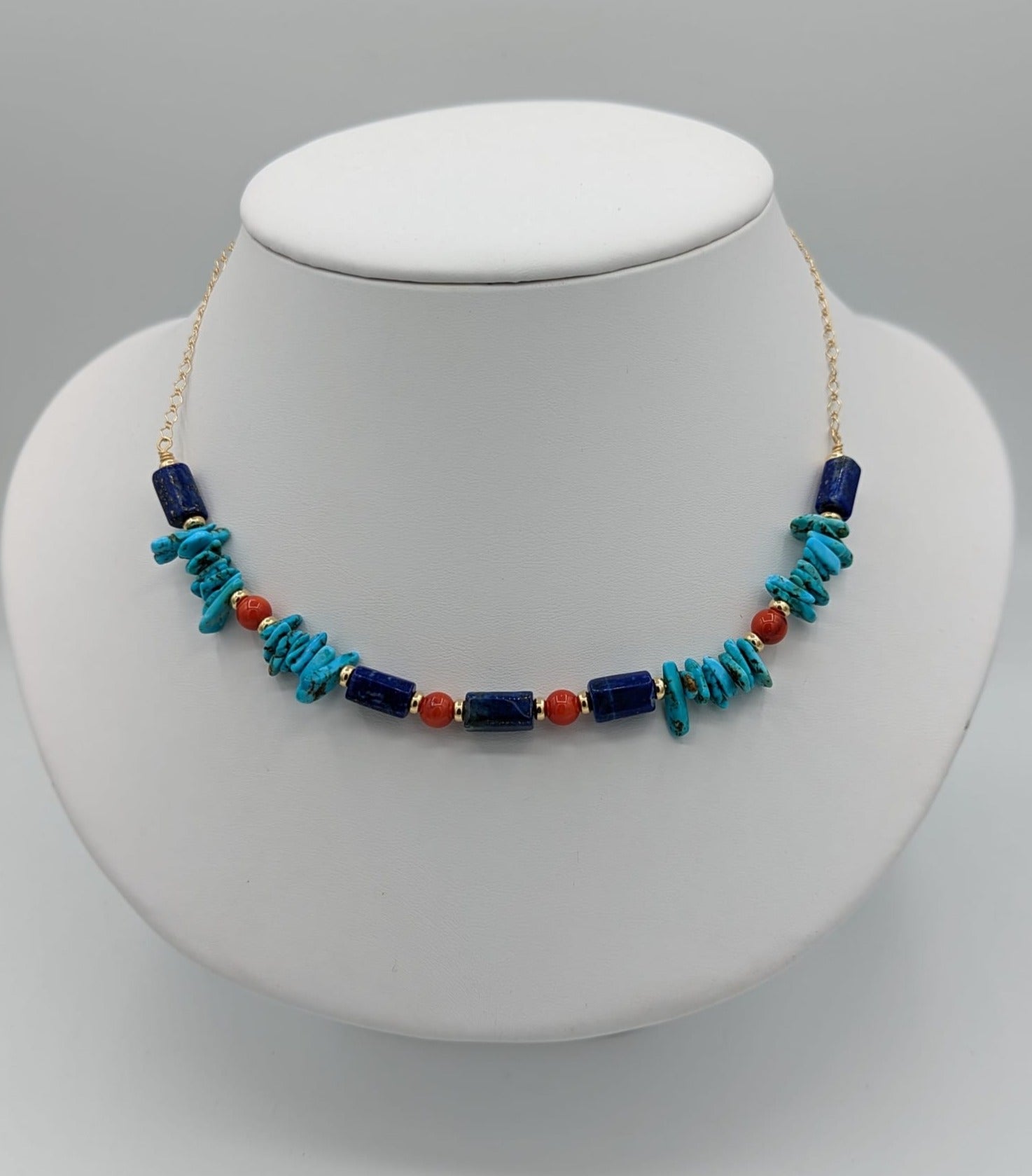 14K Solid Gold Handcrafted Turquoise, Lapis Lazuli, and Red Coral Necklace