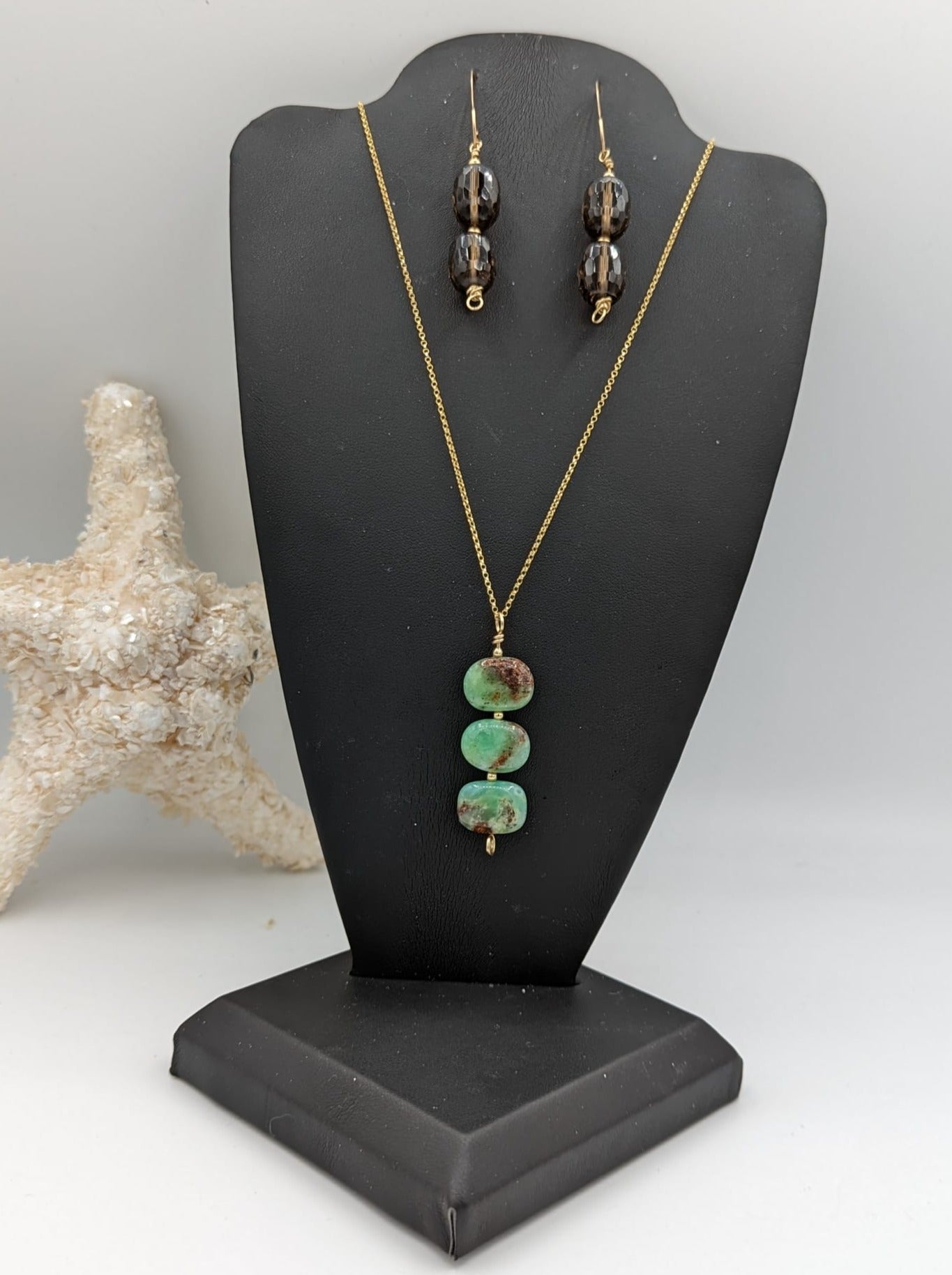 Chyrosaprase Pendant styled with gold-filled smokey quartz earrings