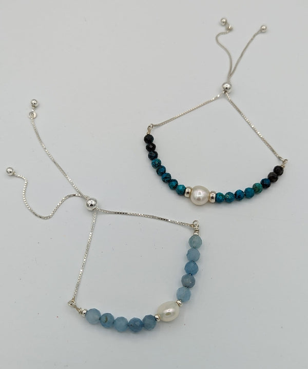 Sterling Silver Aquamarine and Pearl Adjustable Bracelet