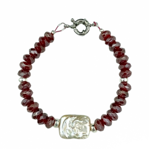 Sterling Silver Carnelian Beads and Pearl Bracelet