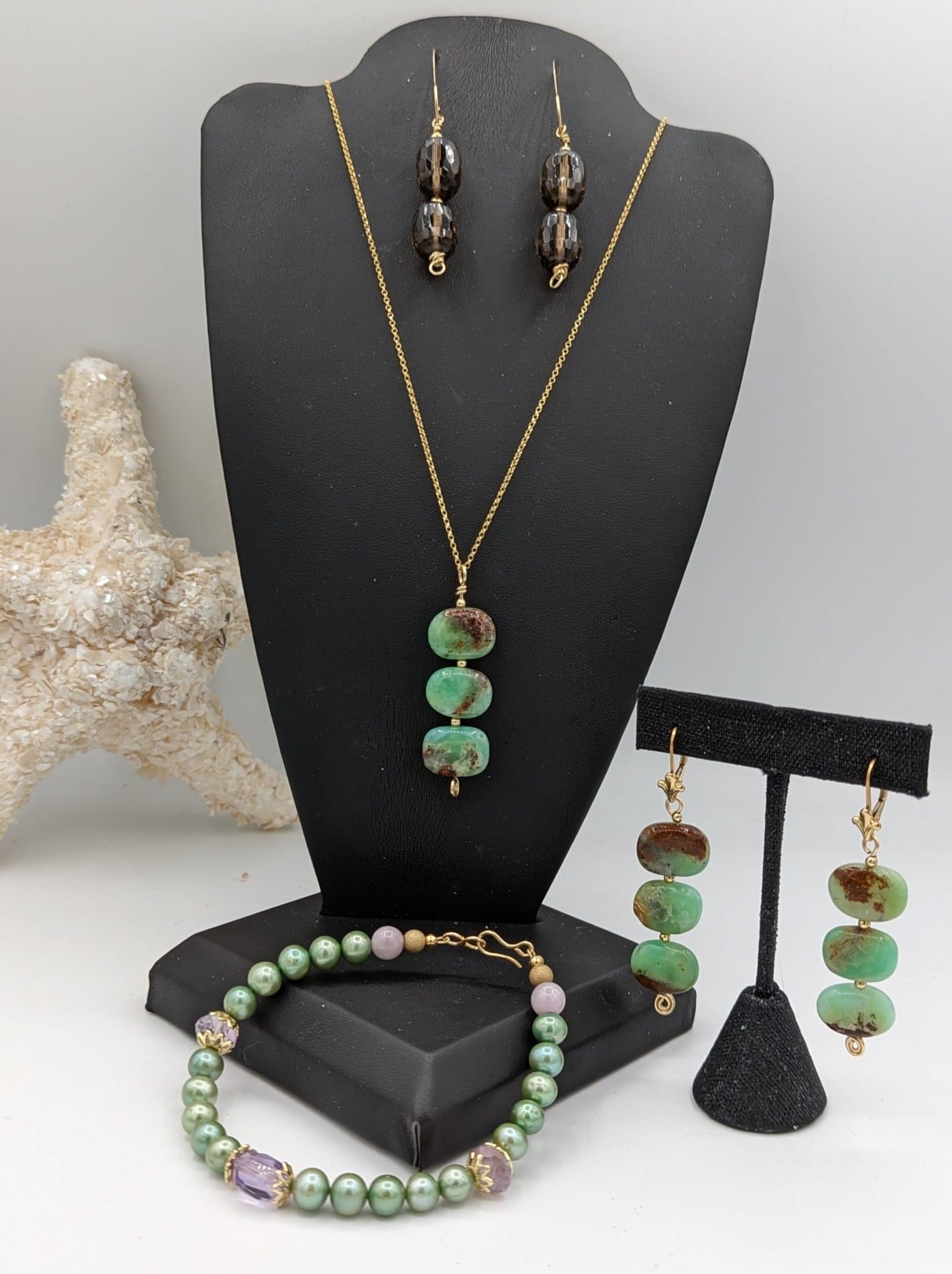 Chyrosaprase Pendant styled with chyrosaprase earrings and GF smokey quartz earrings and green pearl bracelet