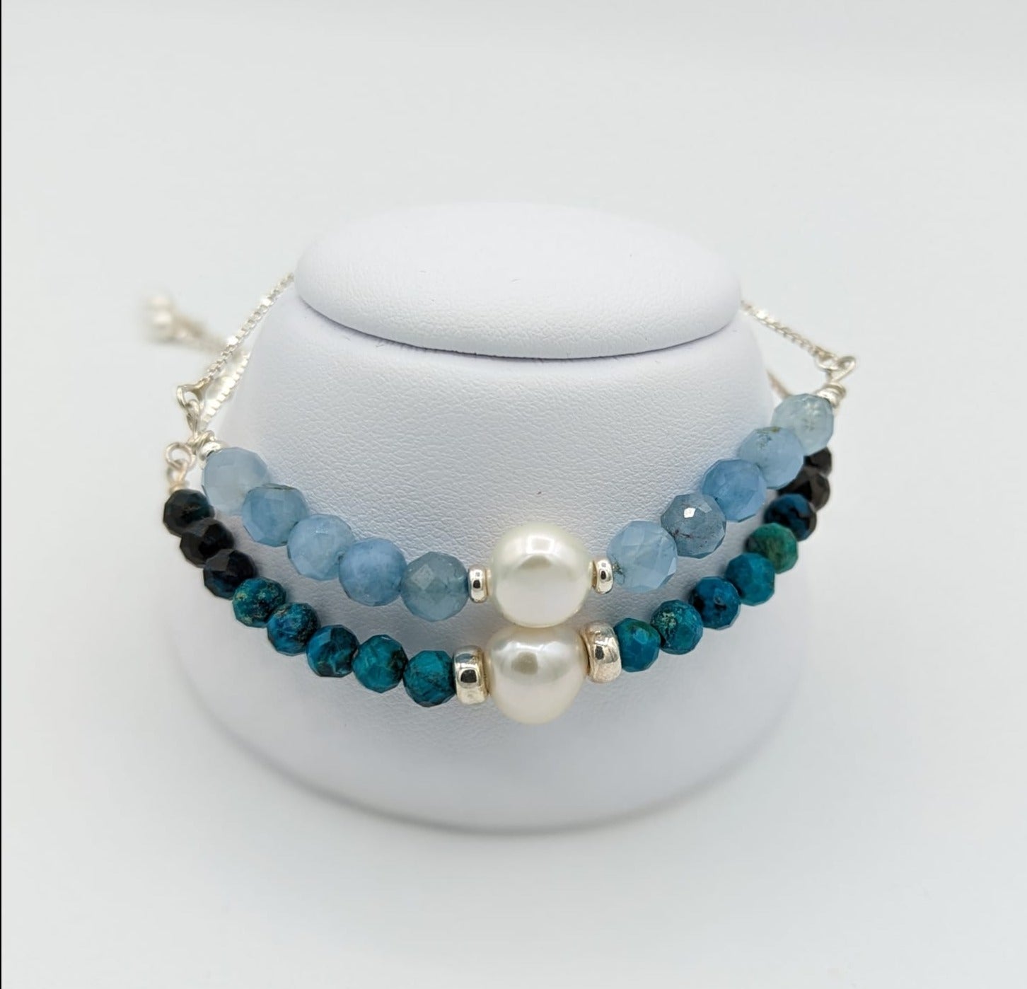 Sterling Silver Aquamarine and Pearl Adjustable Bracelet