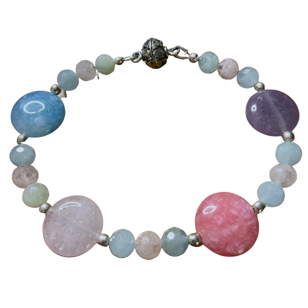 beautiful quartz with aquamarine, green beryl, and morganite bracelet