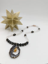 Sterling Silver Handcrafted Druzy Agate Slice, Labradorite & Crystal Quartz Necklace