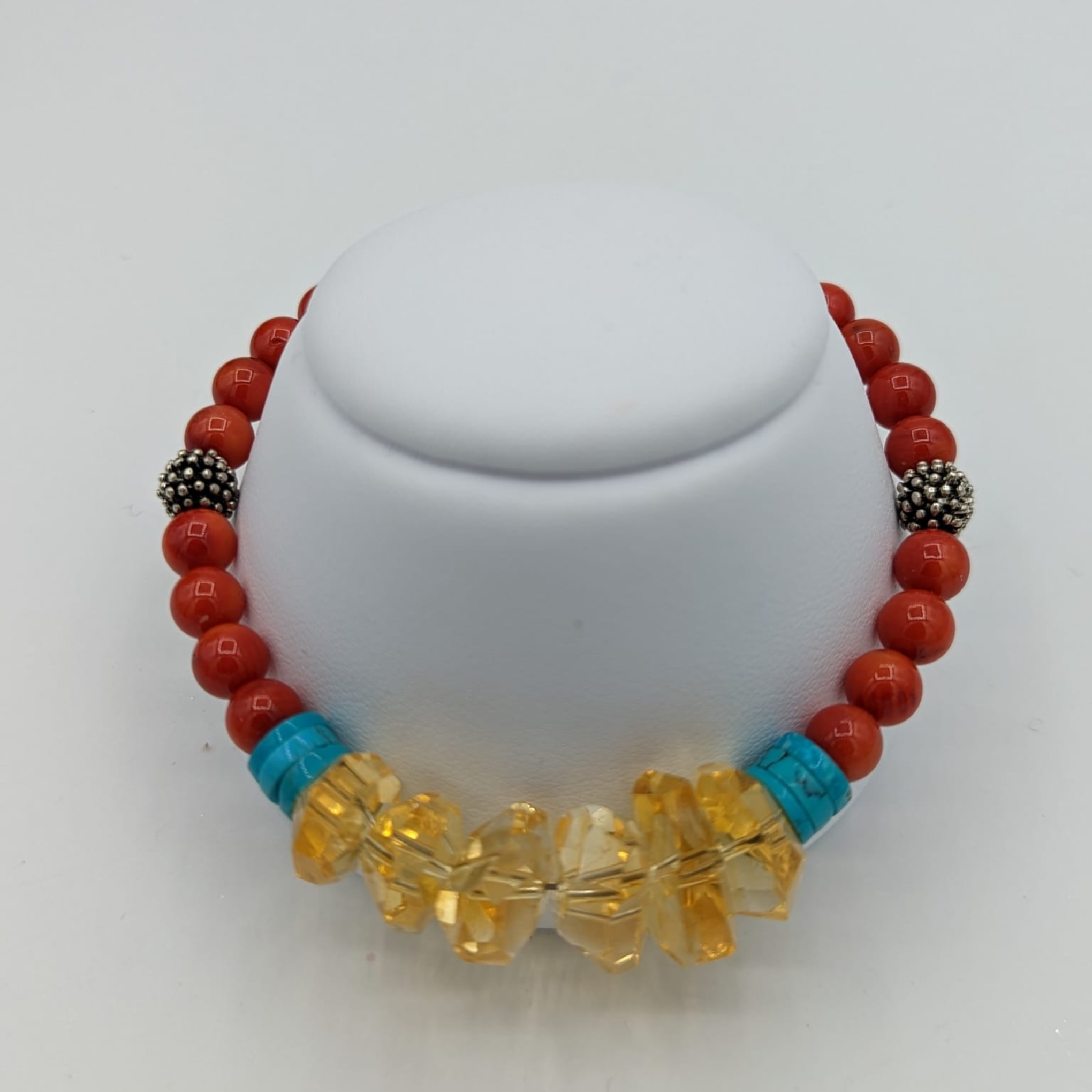 Sterling Silver Red Coral, Citrine and Turquoise Bracelet
